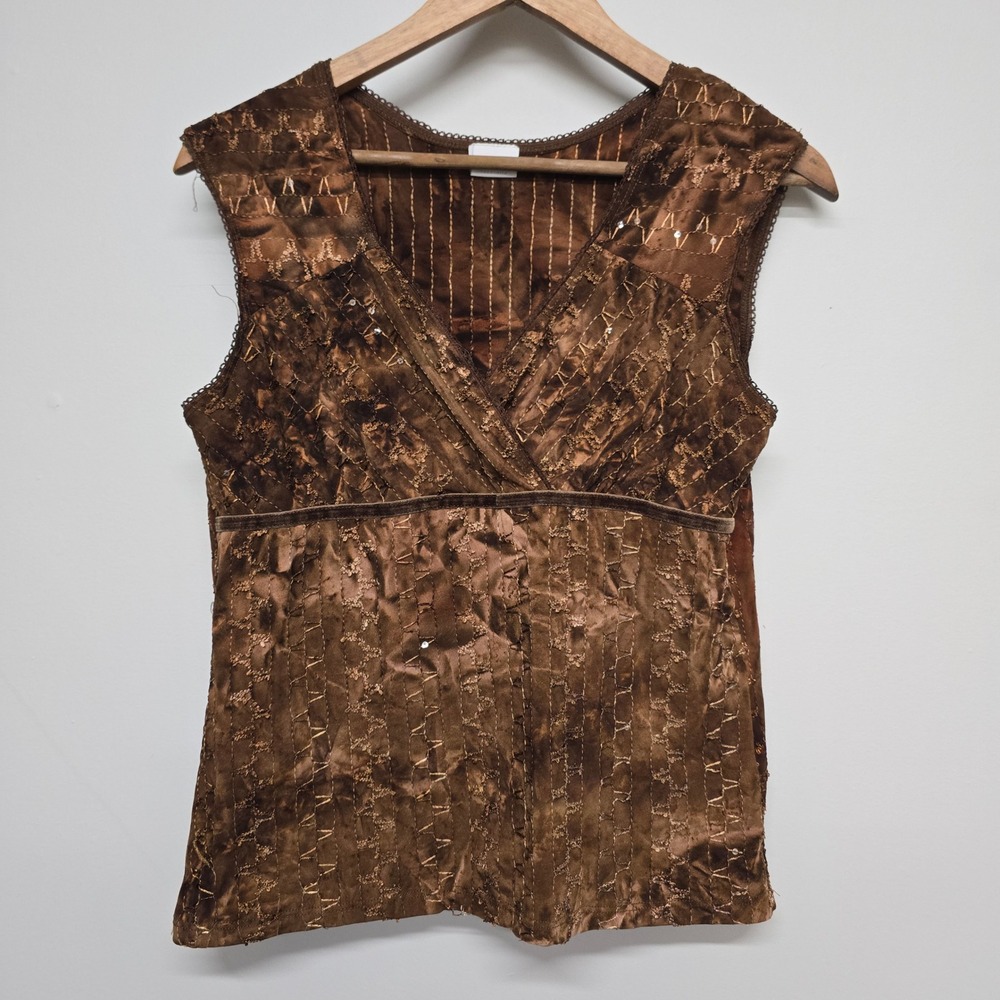 Suzy Shier‎ Y2K Babydoll Top Womens XL Brown Gold Sequin V-Neck Fairy Grunge